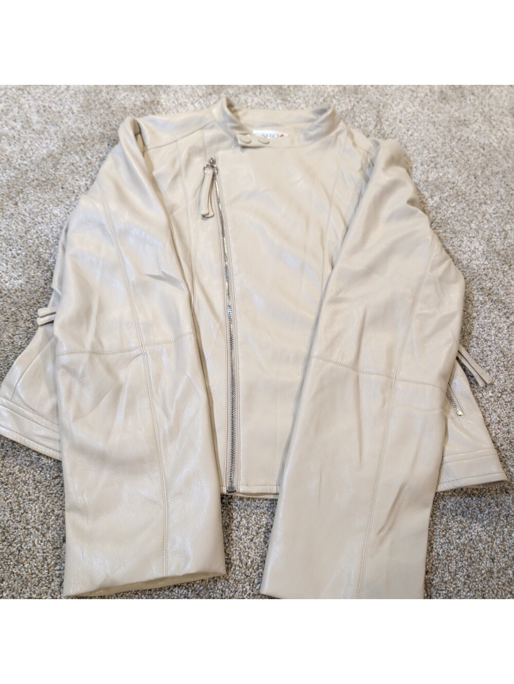 Caroli Cream Faux Leather Jacket with Asymmetric Zip - Size L